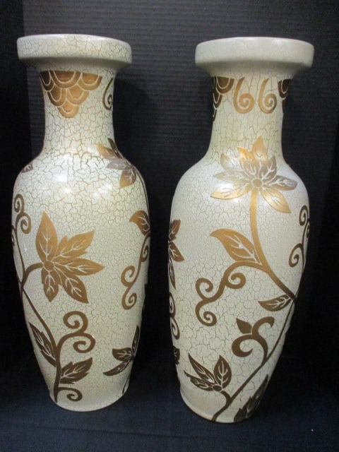 Pair of Gold/Ivory Crackle Finish Temple Vases with Floral Relief Designs: 23 1/2"h