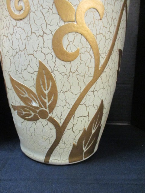 Pair of Gold/Ivory Crackle Finish Temple Vases with Floral Relief Designs - 2