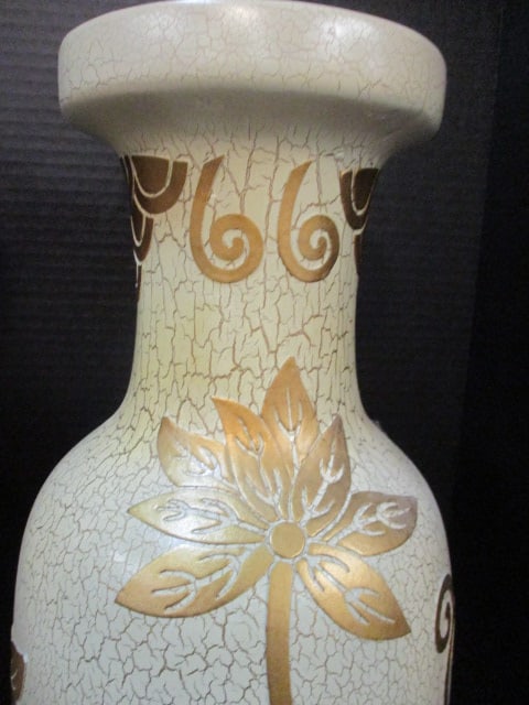 Pair of Gold/Ivory Crackle Finish Temple Vases with Floral Relief Designs - 3