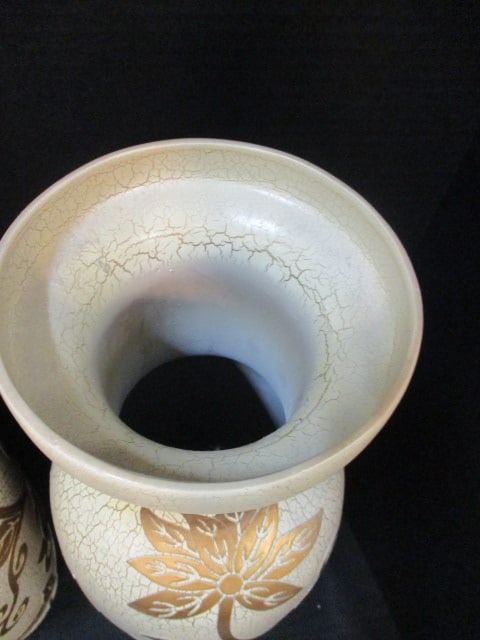 Pair of Gold/Ivory Crackle Finish Temple Vases with Floral Relief Designs - 4