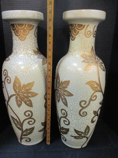 Pair of Gold/Ivory Crackle Finish Temple Vases with Floral Relief Designs - 6