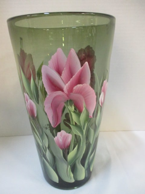Signed "Peggy" Handpainted Iris Bronze Glass Vase: 12 1/4"h