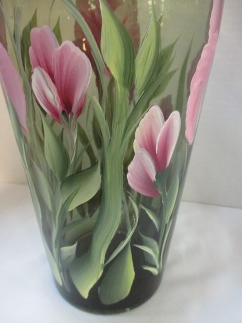 Signed "Peggy" Handpainted Iris Bronze Glass Vase - 2