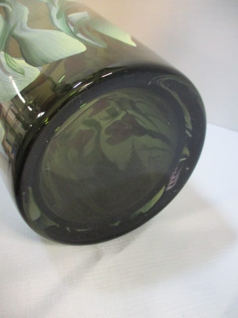 Signed "Peggy" Handpainted Iris Bronze Glass Vase - 4