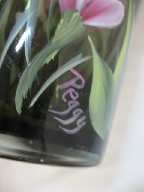 Signed "Peggy" Handpainted Iris Bronze Glass Vase - 5