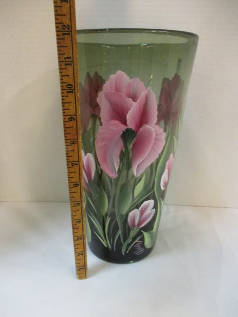 Signed "Peggy" Handpainted Iris Bronze Glass Vase - 6