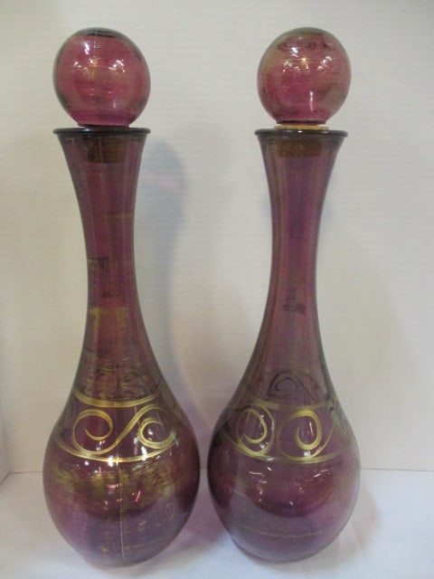 Pair of Pier 1 Handpainted Amethyst Glass Decorative Genie Bottles: 21"h