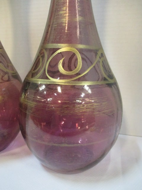 Pair of Pier 1 Handpainted Amethyst Glass Decorative Genie Bottles - 2