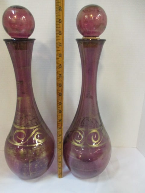 Pair of Pier 1 Handpainted Amethyst Glass Decorative Genie Bottles - 6