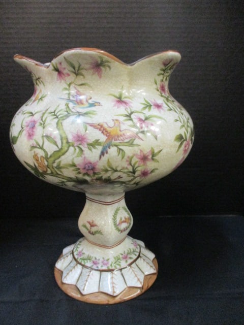 Decorative Porcelain Pedestal Centerpiece with Birds and Flower Design: 12 1/4"h, intentional crazing finish
