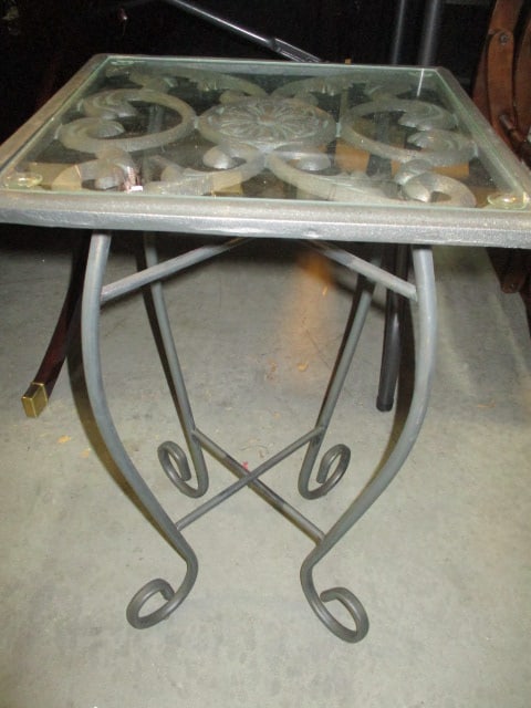 Wrought Metal Table/Stand with Glass Top: 14"square x 23 1/4"h, Local Pickup Only