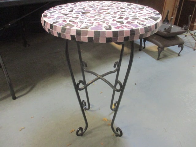 Round Purple/Black Mosaic Tile Top with Wrought Metal Base (1 of 7)