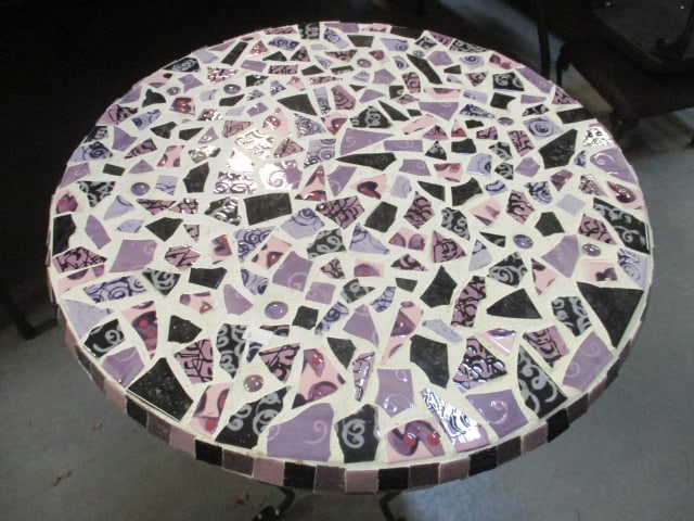 Round Purple/Black Mosaic Tile Top with Wrought Metal Base - 2