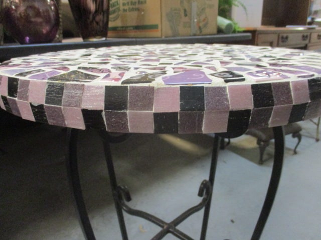 Round Purple/Black Mosaic Tile Top with Wrought Metal Base - 3