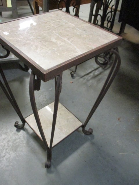Tiered Wrought Metal Table/Stand with Stone Veneer Top/Shelf - 4