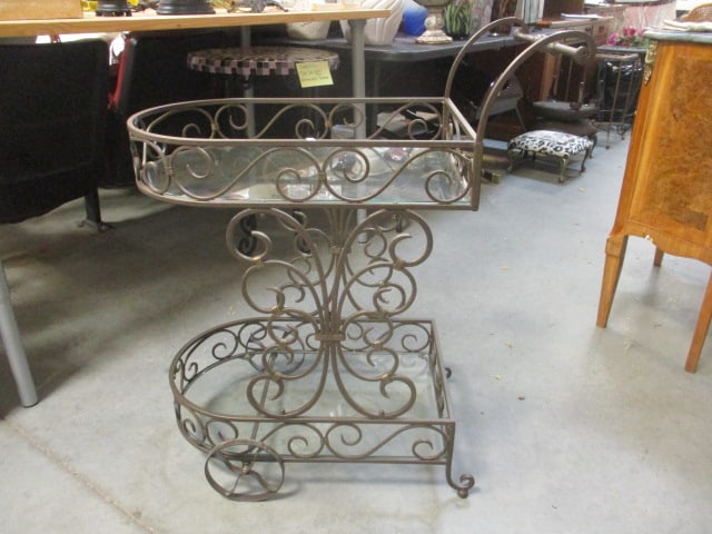 Bronzed Scrolling Metal Tiered Glass Shelf Tea Cart: 15 1/2" x 30"(including handle) x 35 1/2"(to top of handle), Local Pickup Only