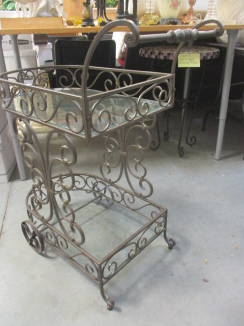 Bronzed Scrolling Metal Tiered Glass Shelf Tea Cart - 2