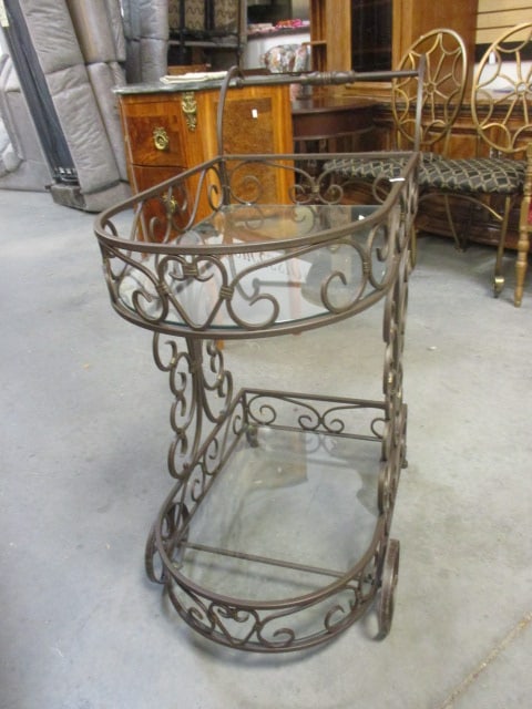 Bronzed Scrolling Metal Tiered Glass Shelf Tea Cart - 3