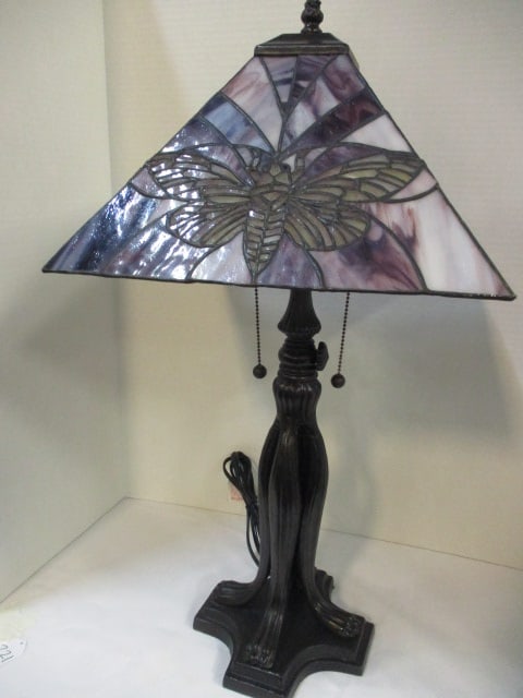 Stained Glass Style Table Lamp featuring a Stylized Moth Motif Shade (1 of 7)