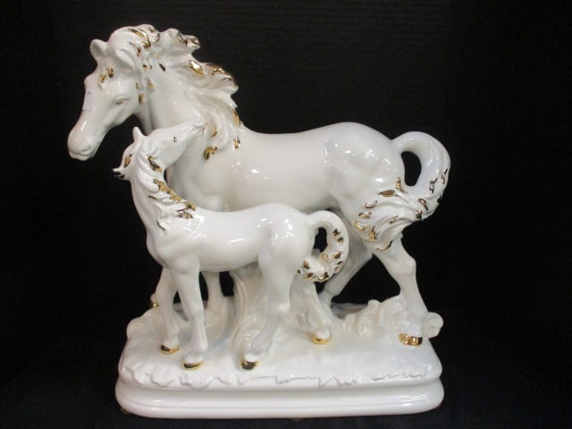 Graceful Mare and Foal Porcelain Statue with Gilt Highlights: 16"h, 15" long
