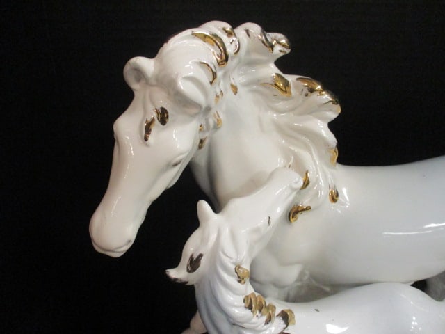Graceful Mare and Foal Porcelain Statue with Gilt Highlights - 2