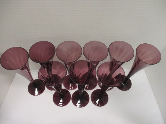 Nine Hand Blown Swirl Design Amethyst Glass Crystal Flutes - 2