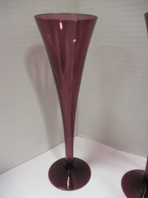 Nine Hand Blown Swirl Design Amethyst Glass Crystal Flutes - 3