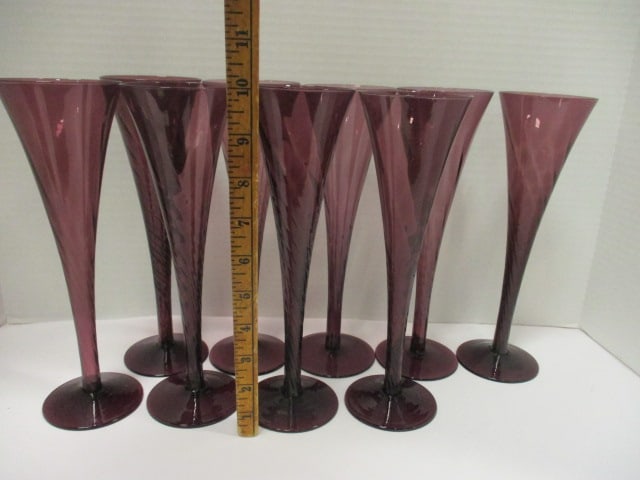 Nine Hand Blown Swirl Design Amethyst Glass Crystal Flutes - 7