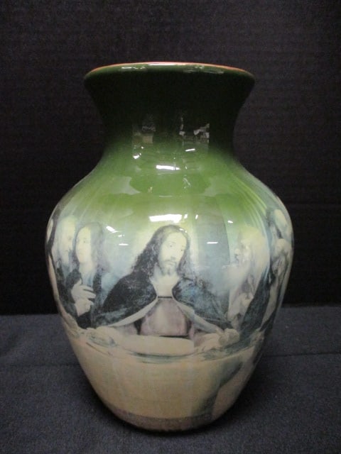 "The Last Supper" Transferware Stoneware Vase: 8 1/4"h