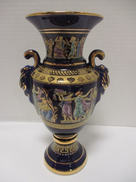 T Dagounis Handmade in Greece 24K Gold Accented Cobalt Classical Design Urn: 9 1/2"h