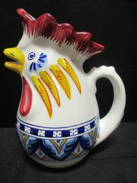 Signed Handpainted Italian Pottery Rooster Pitcher: 8"h