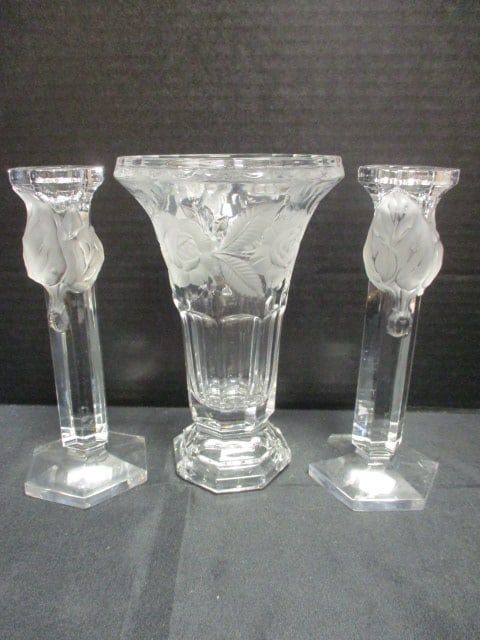 Pair of Mikasa Crystal Candle Holders and Cut Frosted Rose Design Vase: Candle holders 7 1/2"h, Vase 7 3/4"h