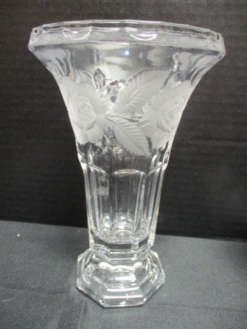 Pair of Mikasa Crystal Candle Holders and Cut Frosted Rose Design Vase - 4