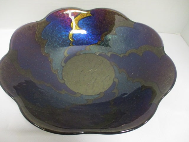 Signed California Glass Artist Colorful Centerpiece Bowl: 14"dia x 3"h