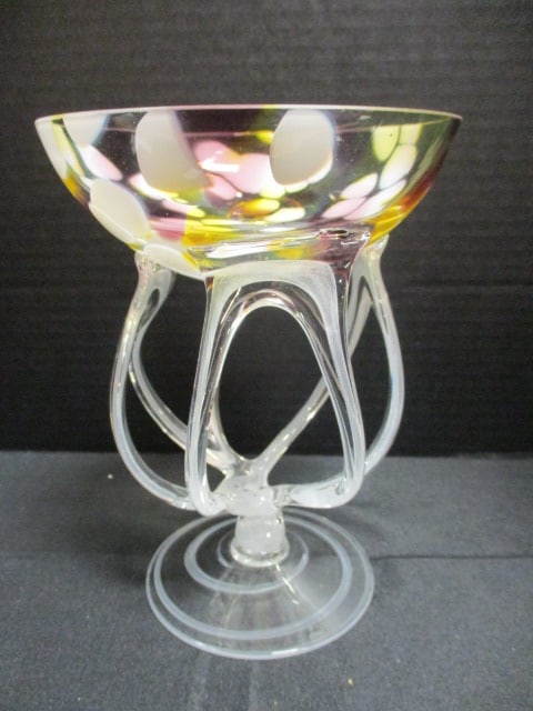 Free Form Hand Blown Art Glass Confetti Glass Compote: 5 3/4"dia x 7 3/4"h