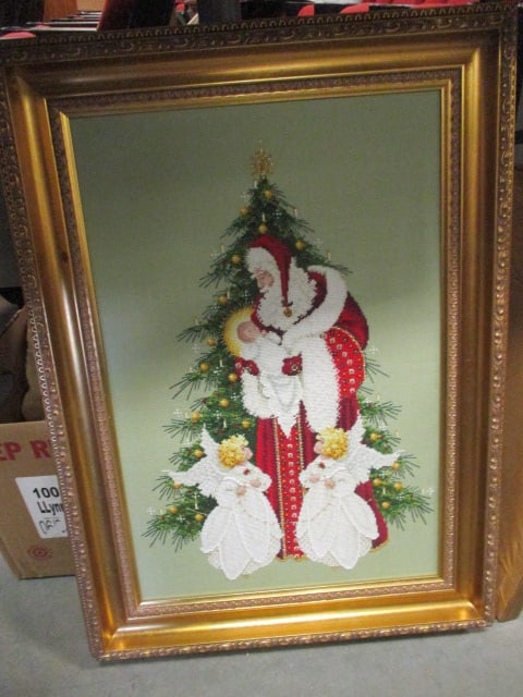 Framed Fine Needlework Santa Holding Holy Child with Christmas Tree and Angels: 18 1/4" x 25"