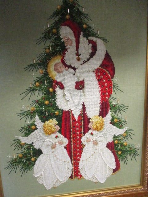 Framed Fine Needlework Santa Holding Holy Child with Christmas Tree and Angels - 2