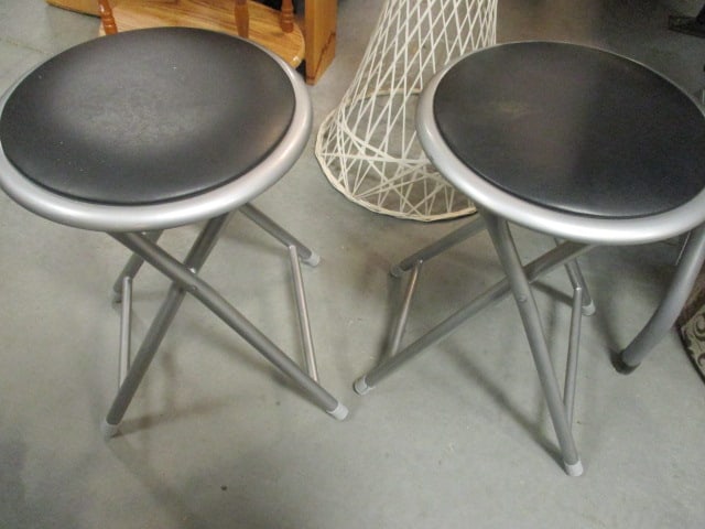 Pair of Metal Folding Stools with Black Vinyl Seats: 12"dia x 18"h, Local Pickup Only