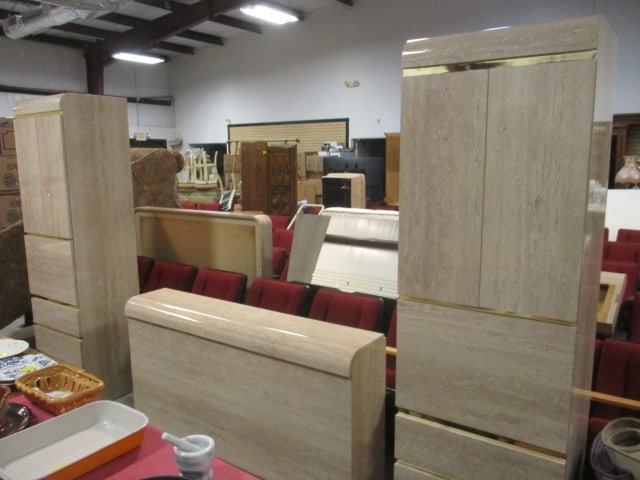 Postmodern Faux Travertine Laminate Waterfall Design Queen Size Modular Bedroom: Headboard Ensemble. Set includes waterfall storage headboard, side armoires with drawers, illuminated bridge and mirror back panels. (2)Pier Armoires 23" x 18 1/4" x 78 1/4", Storage headboard 62" x