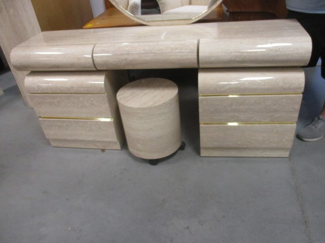 Postmodern Faux Travertine Laminate Waterfall Design 5 Piece Vanity Set with Gold Accent Bands - 2