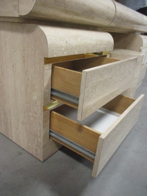 Postmodern Faux Travertine Laminate Waterfall Design 5 Piece Vanity Set with Gold Accent Bands - 4