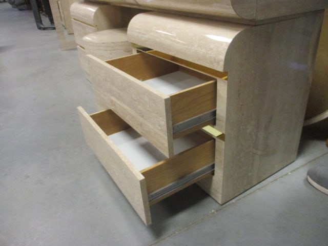 Postmodern Faux Travertine Laminate Waterfall Design 5 Piece Vanity Set with Gold Accent Bands - 6