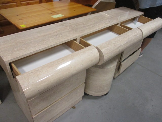 Postmodern Faux Travertine Laminate Waterfall Design 5 Piece Vanity Set with Gold Accent Bands - 7