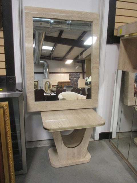 Postmodern Faux Travertine Laminate Waterfall Design Pier Mirror and Console Table Set (1 of 8)