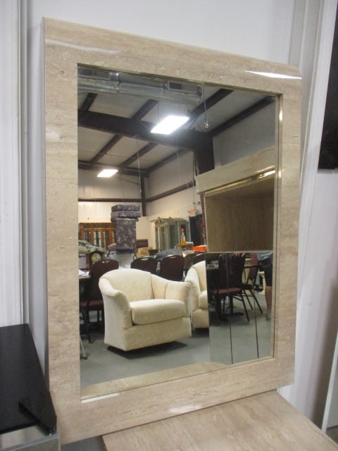 Postmodern Faux Travertine Laminate Waterfall Design Pier Mirror and Console Table Set - 2