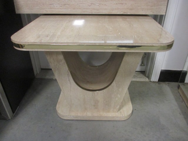 Postmodern Faux Travertine Laminate Waterfall Design Pier Mirror and Console Table Set - 4