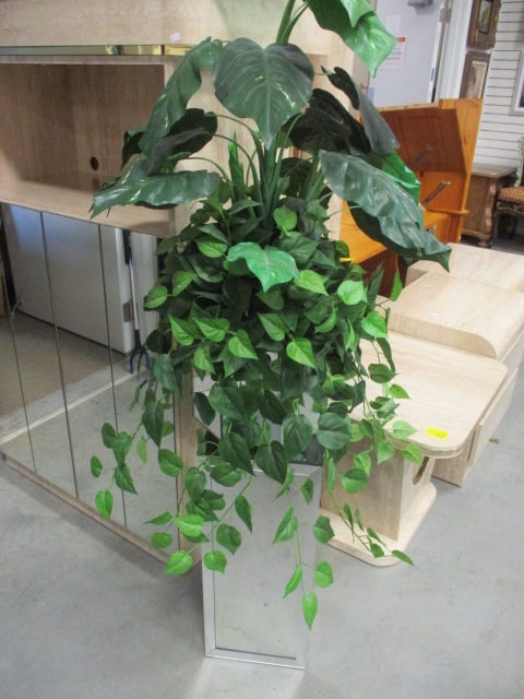 Custom Made Mirrored Panel Pedestal Stand and Octagonal Planter with Artificial Greenery: Pedestal 10"square x 24 1/2"h, Octagonal planter 12"dia x 9 3/4"h(approx. 34"h overall), Local Pickup Only