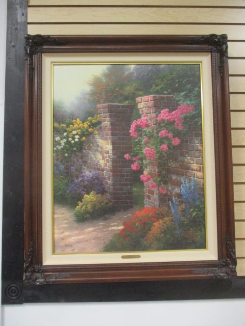 Thomas Kinkade "The Rose Garden" The Rose Collection I Series Hand Highlighted: Limited Edition Canvas Lithograph with COA. Gallery Proof 98/1100 has COA and brass plate certifications on back. Framed 31 1/2" x 38", Local Pickup Suggested
