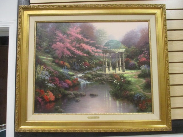 Thomas Kinkade "Pools of Serenity" The Gardens of Prayer II Series Hand Highlighted: Limited Edition Canvas Lithograph. Has brass plate certifications on back, numbered in lower left corner but cannot read, Framed 38 3/4" x 32 1/2", Local Pickup Suggested