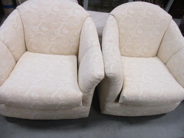 Pair of Best Chair Barrel Back Ivory Upholstered Swiveling Rocking Chairs: 36"w, Local Pickup Only